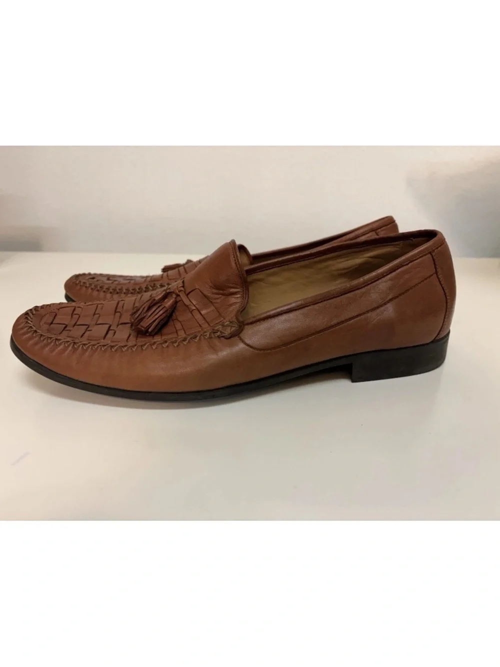 Johnston & Murphy Men’s Sheepskin Loafers Brown Leather Woven Tassel Dress Sz 13